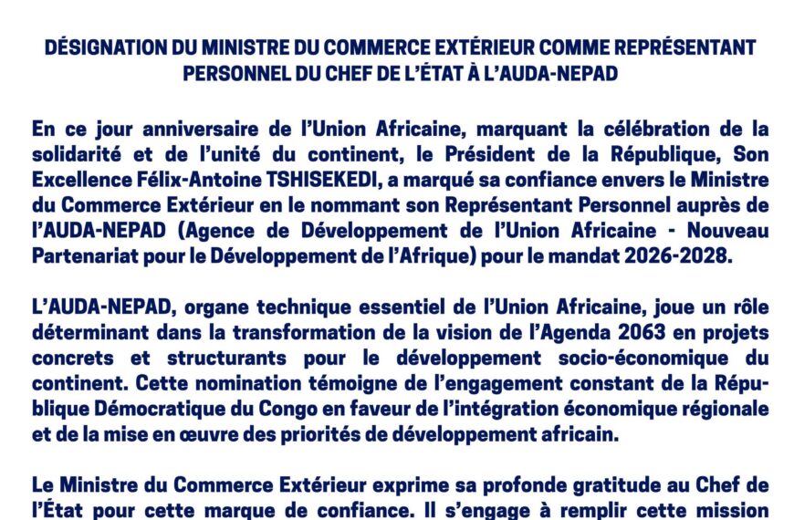 RDC : Félix Tshisekedi nomme Julien Paluku représentant personnel auprès de l’AUDA-NEPAD