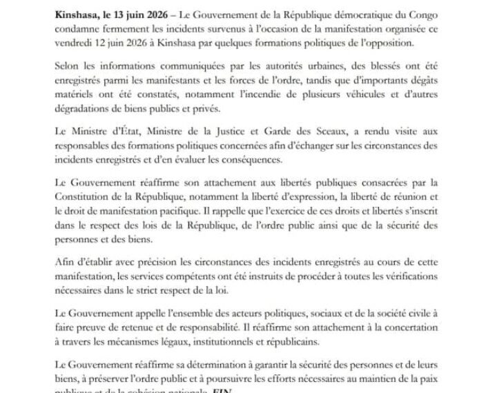 Manifestation de l’opposition à Kinshasa : le gouvernement condamne les violences et promet des…