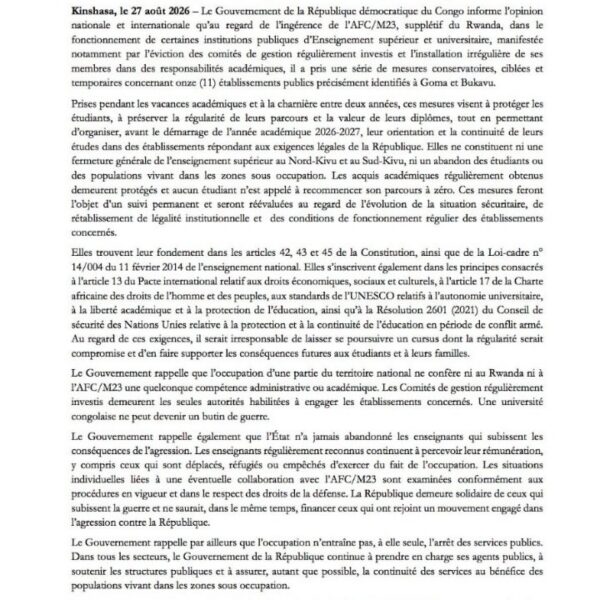 RDC : le Gouvernement annonce des mesures pour protéger les parcours académiques des étudiants…